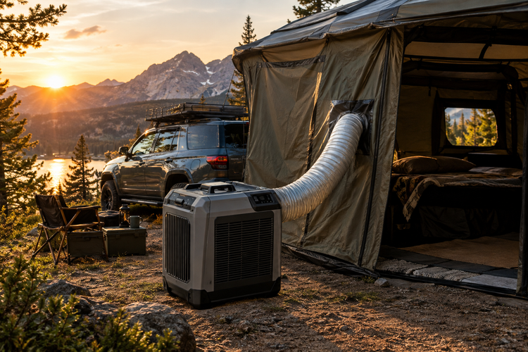 Portable camping air conditioner beside a shelter