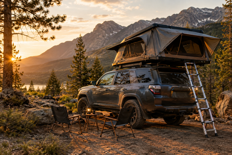 Rooftop tent at a golden-hour mountain campsite