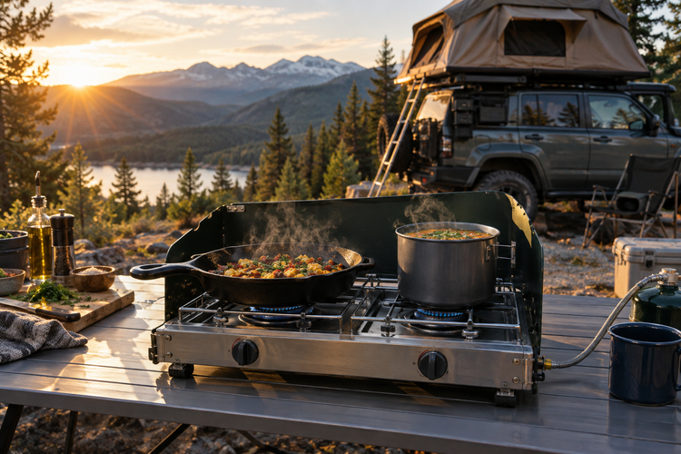 Two-burner stove at an overlanding campsite
