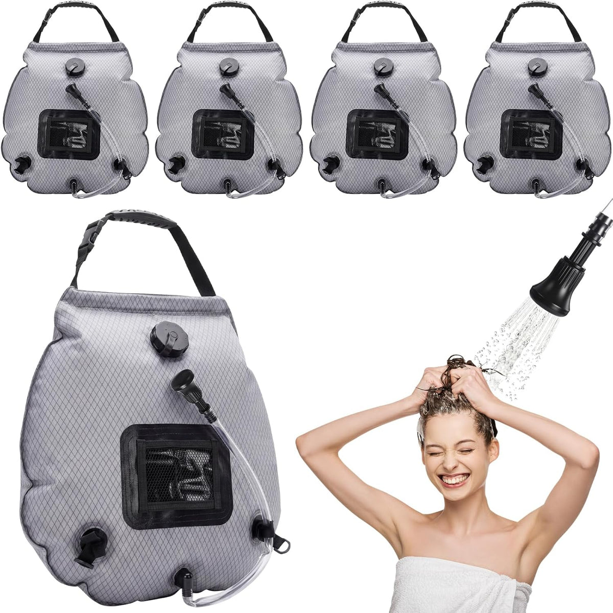 4 Pack Solar Portable Shower Bag 5 Gal/20L Solar Heating Camping Shower Bag with On-Off Switchable Head and Removable Hose for Outdoor Camping Hiking Traveling Beach Swimming