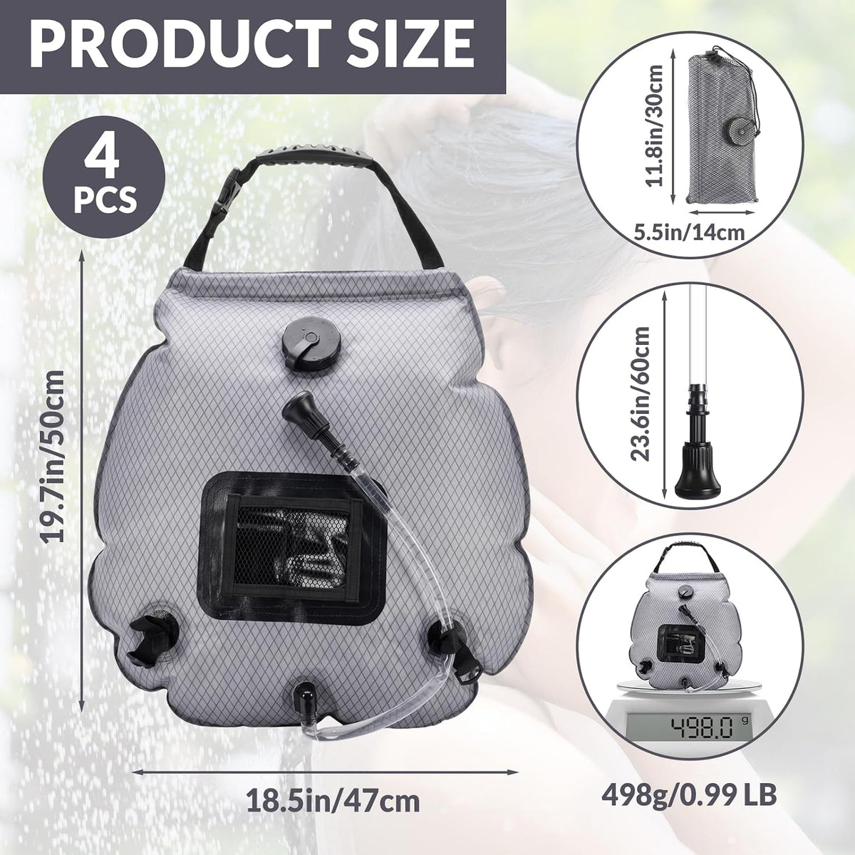 4 Pack Solar Portable Shower Bag 5 Gal/20L Solar Heating Camping Shower Bag with On-Off Switchable Head and Removable Hose for Outdoor Camping Hiking Traveling Beach Swimming