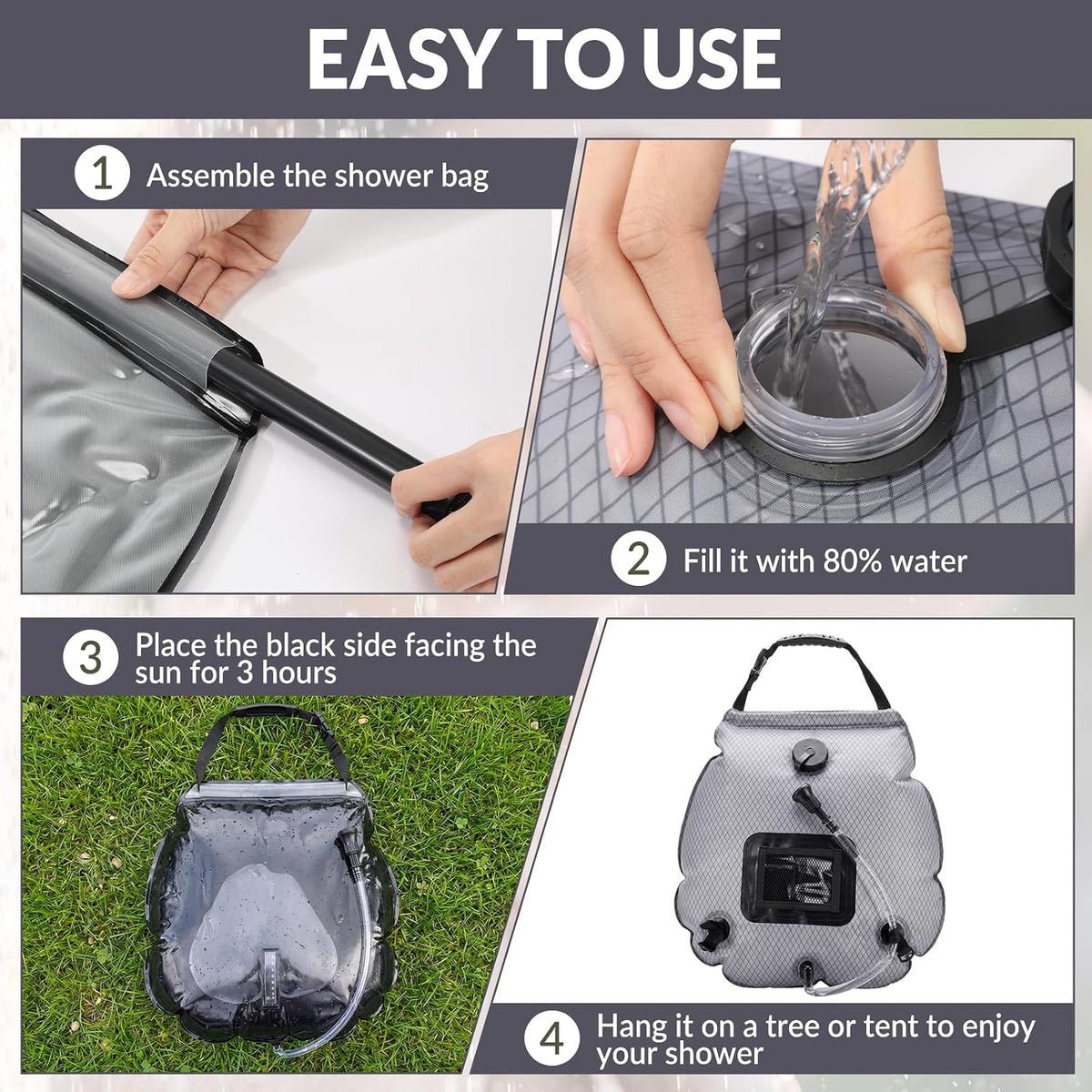 4 Pack Solar Portable Shower Bag 5 Gal/20L Solar Heating Camping Shower Bag with On-Off Switchable Head and Removable Hose for Outdoor Camping Hiking Traveling Beach Swimming