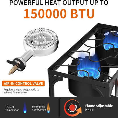 2 Burner Propane Stove - Portable Camping Stove with 150,000BTU High Efficiency Propane Burner, Outdoor Stove for Camping, Backyard, Picnic