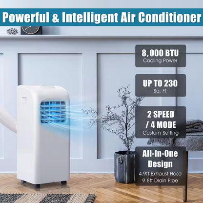 8000 BTU (ASHRAE) 5000 (DOE) BTU Portable Air Conditioner Cools 200 Sq. Ft. with Dehumidifier in White