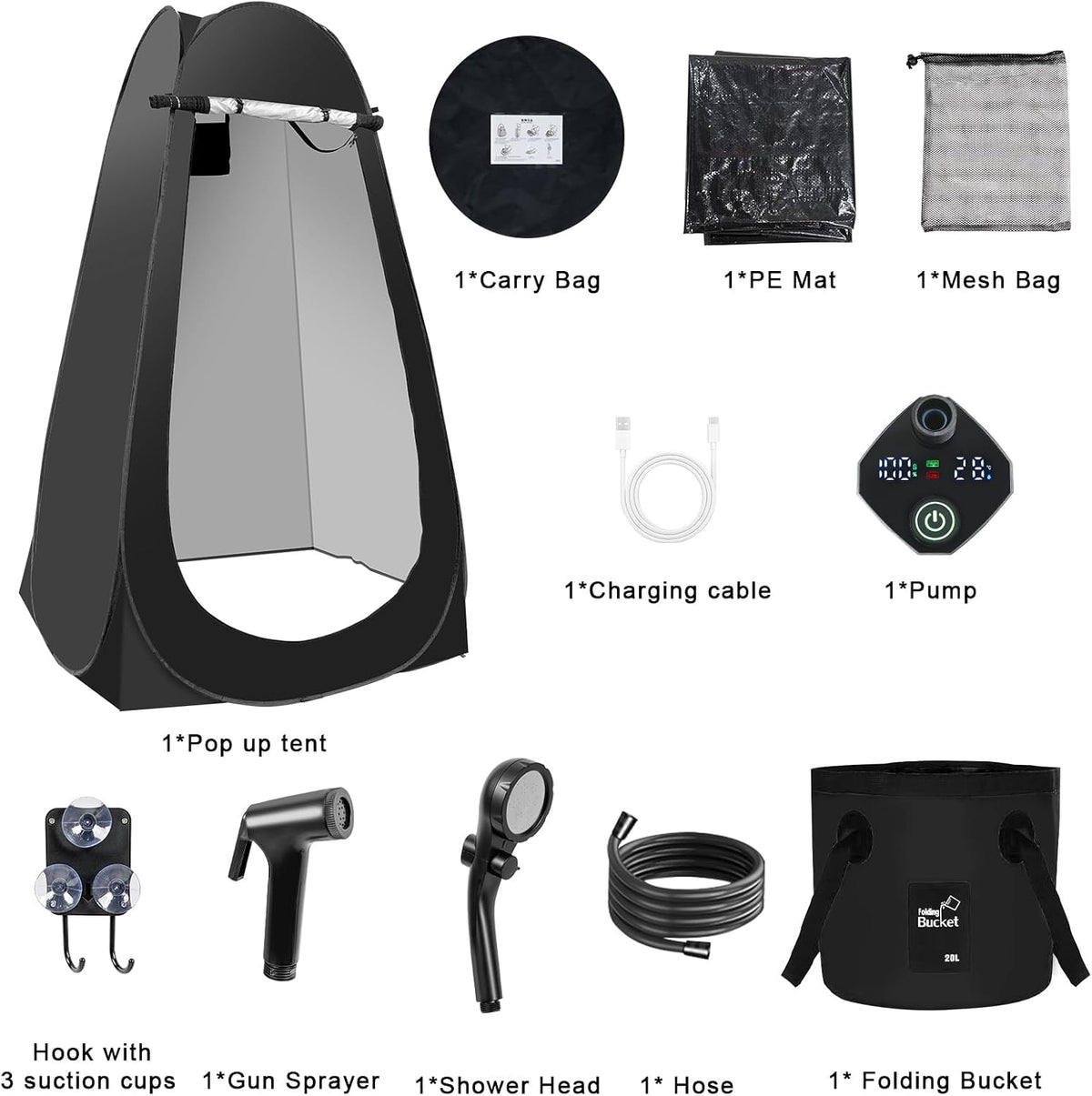 Pop up Shower Tent for Camping, Portable Outdoor Privacy Shower Tent with 6000Mah Rechargeable Shower (Black)