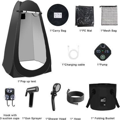 Pop up Shower Tent for Camping, Portable Outdoor Privacy Shower Tent with 6000Mah Rechargeable Shower (Black)