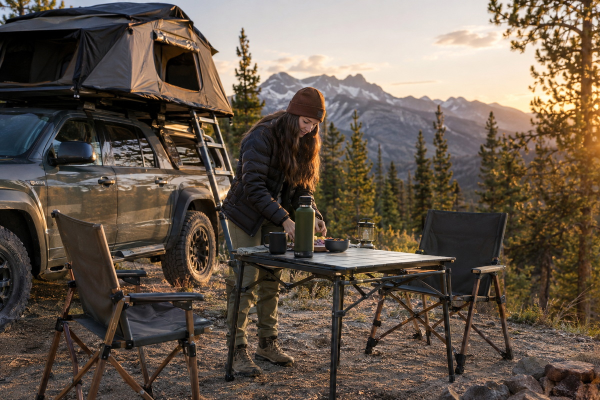 A comfortable, thoughtfully arranged overlanding campsite
