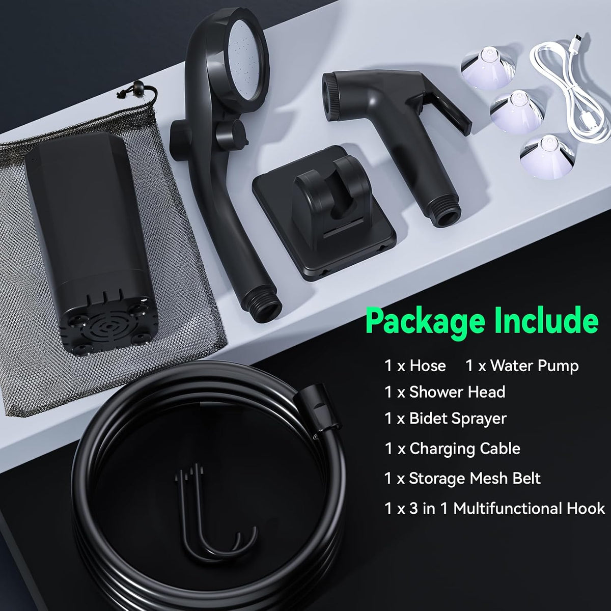 Portable Shower for Camping, 6000Mah Rechargeable Camping Shower Pump with Power & Temperature Display, Shower Head and Bidet Sprayer,Outdoor Shower Pump for Hiking, Travel, Pet