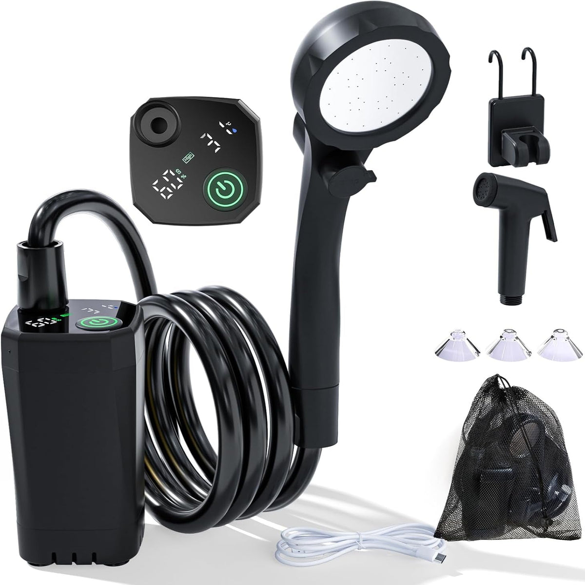 Portable Shower for Camping, 6000Mah Rechargeable Camping Shower Pump with Power & Temperature Display, Shower Head and Bidet Sprayer,Outdoor Shower Pump for Hiking, Travel, Pet