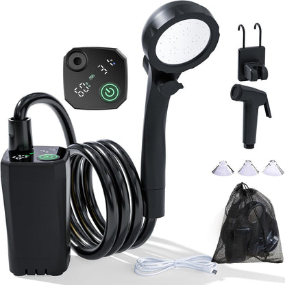 Portable Shower for Camping, 6000Mah Rechargeable Camping Shower Pump with Power & Temperature Display, Shower Head and Bidet Sprayer,Outdoor Shower Pump for Hiking, Travel, Pet