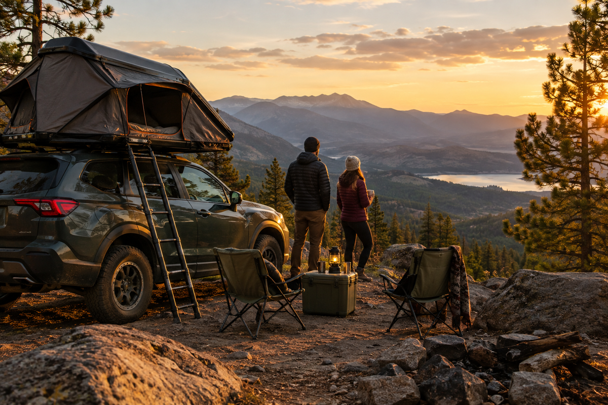 Two travelers beside their rooftop tent at a golden-hour mountain campsite